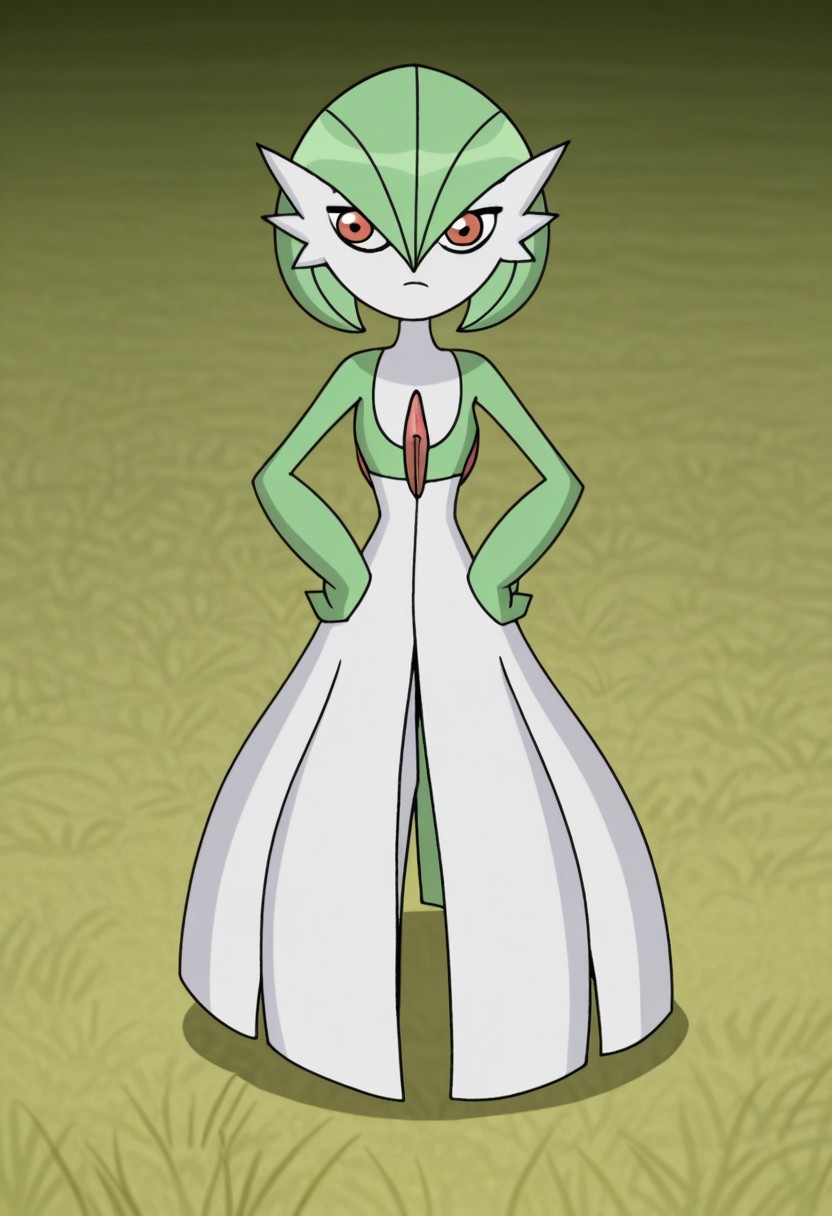 BEN10, solo, gardevoir, standing, front view, hands on hips, green meadow