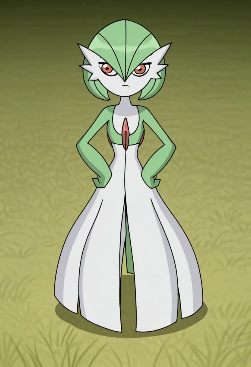 BEN10, solo, gardevoir, standing, front view, hands on hips, green meadow
