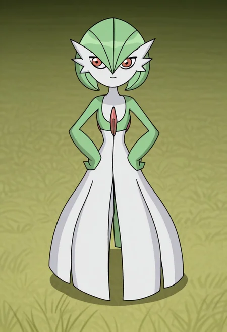 BEN10, solo, gardevoir, standing, front view, hands on hips, green meadow