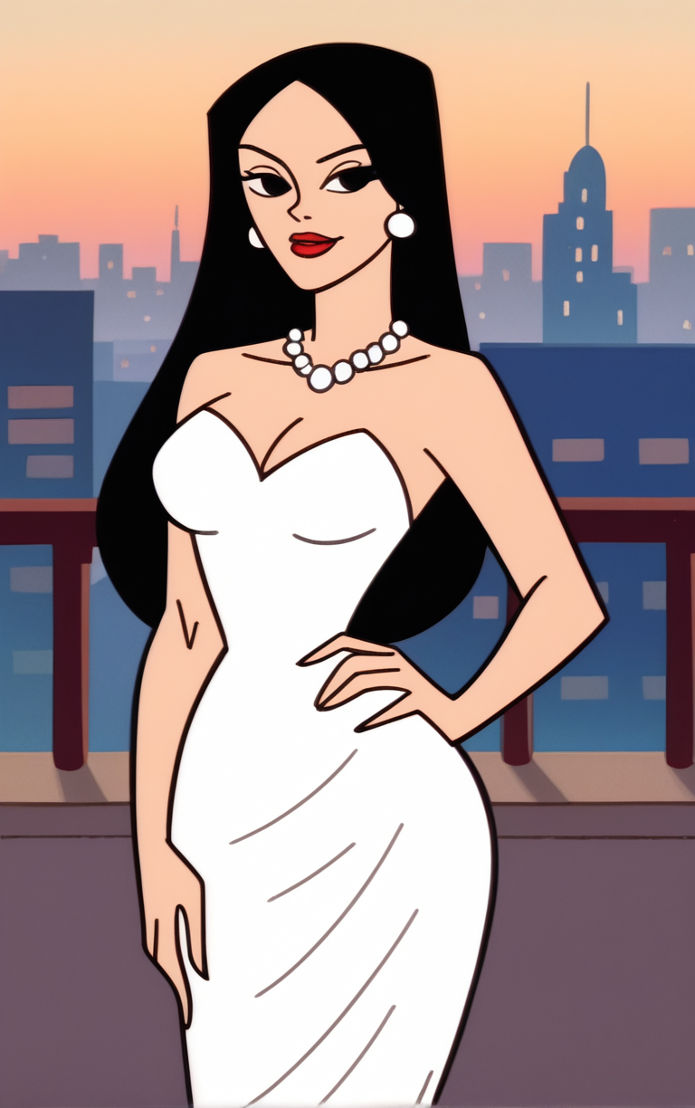 score_9, score_8_up, score_7_up, looking at viewer,  BREAK
PONYXL_STYLE_DextersLaboratory_ownwaifu,
1girl, black hair, makeup, jewelry, lipstick, red lips, black eyes, breasts, wedding dress, white dress, long hair, 
(contrapposto, hand on hip), sunset, sidelighting, cityscape, outdoors, <lora:PONYXL_STYLE_DextersLaboratory_ownwaifu:1> , depth of field, solo,