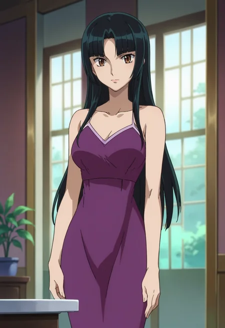 score_9,score_8_up,score_7_up,score_6_up,score_5_up,score_4_up,anime coloring BREAK source_anime,anime,<lora:Wang_Liu_Gundam00_Pony_v2:0.8>,liumeis2,1girl,solo,brown eyes,black hair,long hair,parted bangs,bare shoulders,purple dress,standing,indoors,looking_at_viewer,