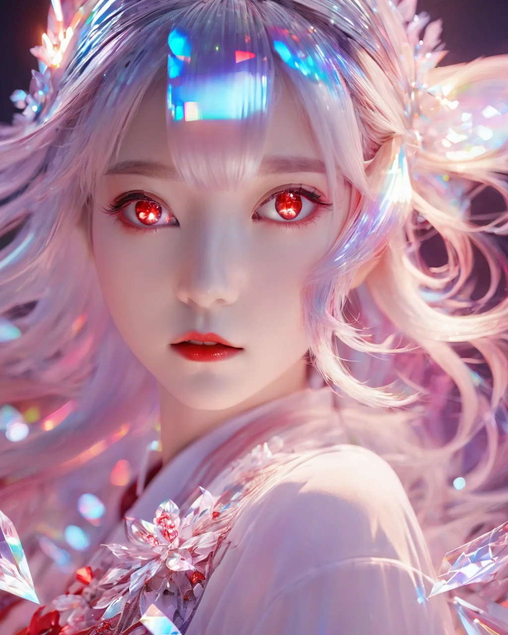 <lora:xl-holographic-å
¨æ¯V20:0.9>,holographic,1girl,high quality exquisite wallpaper,wide_shot,red eyes,white hair,