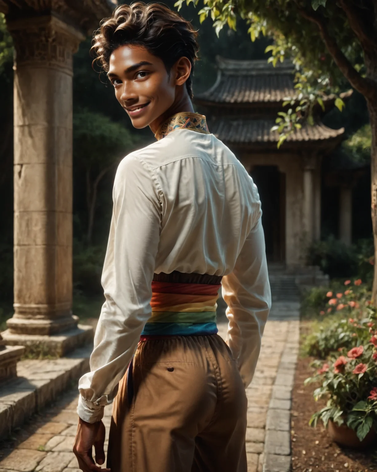 score_9, score_8_up, score_7_up, rating_questionable, intricately detailed, high resolution, fantasy setting,
<lora:Noah_Carroll_Cleric_OC:0.8>,
sunshine, temple garden, summer,
,
1boy(n0ah, dark brown skin, smooth skin, twink, slender, skinny,
white shirt, rainbow sash, brown harem pants
,
portrait, closeup,
back view
, solo, looking at the viewer, slight smile),
<lora:ral-chrosc-clr:0.7>, ral-chrosc-clr,
<lora:Expressive_H:0.5>
<lora:xl_more_art-full_v1:0.3>,
<lora:add-detail-xl:0.3>