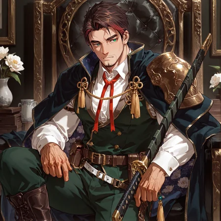 <lora:Masakado__Alchemist_Code:.7>,tagacollabmasakado, masakado_brunette hair, masakado_green eyes, 1boy, two-tone hair, short hair, single hair streak, solo, male focus, manly, bara, muscular male, cape, pauldrons, collared shirt, ribbon, knot, tassel, vest, belt, belt pouch, pants, boots, flower pattern, katana,
(very short hair), male focus, muscular male, bara, mature, (glossy skin, bara, mature, facial hair,), facial hair, bara, mature,  aixiwuganda_(20222192), very awa, masterpiece, best quality, absurdres, newest, perfect quality, detailed background, intricate details,<lora:slider_Body Type_alpha1.0_rank4_noxattn_last:1><lora:Anime Summer Days 2 Style SDXL_LoRA_Pony Diffusion V6 XL:.6> <lora:slider_cfg_scale_boost:.7><lora:Artist6p:.55>, Artist6p, Artist04p,<lora:slider_il_brightness_slider_d1:-.5><lora:slider_il_contrast_slider_d1:-.5>,<lora:slider_contract_controller_illus01_v1:.3>,<lora:slider_DarkSlider1.2_alpha1.0_rank16_full_300steps:-.3><lora:Heavenly_Beauty_r1:1>, (heavenlybeauty,)<lora:slider_style_strength_controller_illus01_v1:.25>