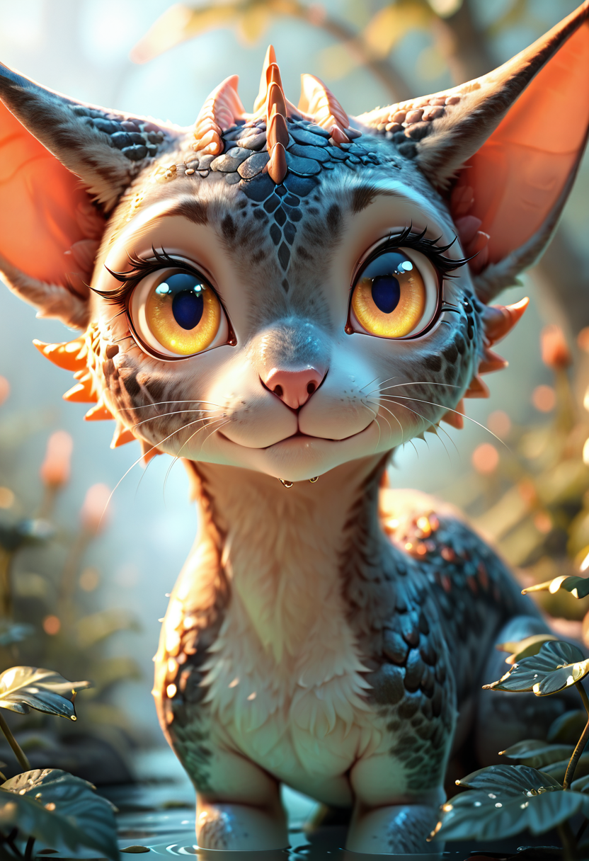 masterpiece, best quality, 1girl, solo, eyelashes, (beautiful eyes),    DracoCat,  depth of field, blurry background, animal, from above, partially submerged, animal focus,  ,<lora:DracoCatIXL:1.0>,