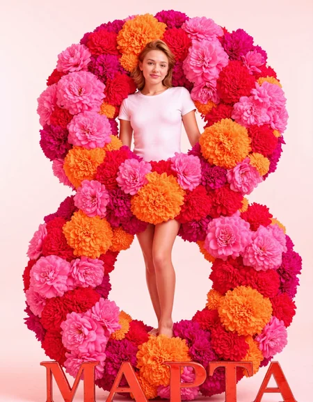 A vibrant, bold portrait of a well dressed woman ,, <lora:curly:1>, , She standing beside an eye-catching floral number "8", bursting with hot pink peonies, rich magenta tulips, and fiery orange marigolds. Below, the inscription MAPTA appears in vivid metallic red uppercase font, seamlessly integrated yet clear. The lighting is dynamic and high-contrast, creating a sense of energy, passion, and festive spirit. The background blends deep fuchsia and coral, making the composition feel alive and celebratory., White background,  Style: Vibrant fashion photography, strong color contrasts, cinematic glow..