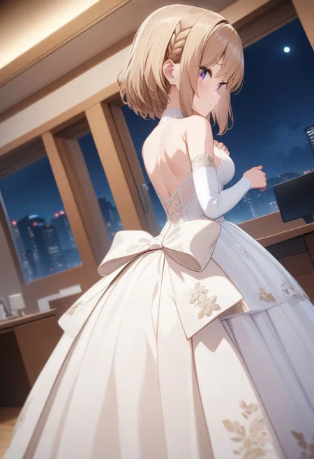 masterpiece,best quality,very aesthetic,absurdres,intricate details,1girl,<lora:shiina_v4_5:1>,shiina,<lora:Fixhands_anime_bdsqlsz_V1:1>,(night:1.2),full_shot,looking_at_viewer,medium_shot,cinematic_angle,light_blush,office,hand_on_own_chest,embarrass,from_back,, masterpiece,best quality, very aesthetic, absurdres, ultra detailed, high resolution, 4k, extremely detailed CG,wedding dress,smiling