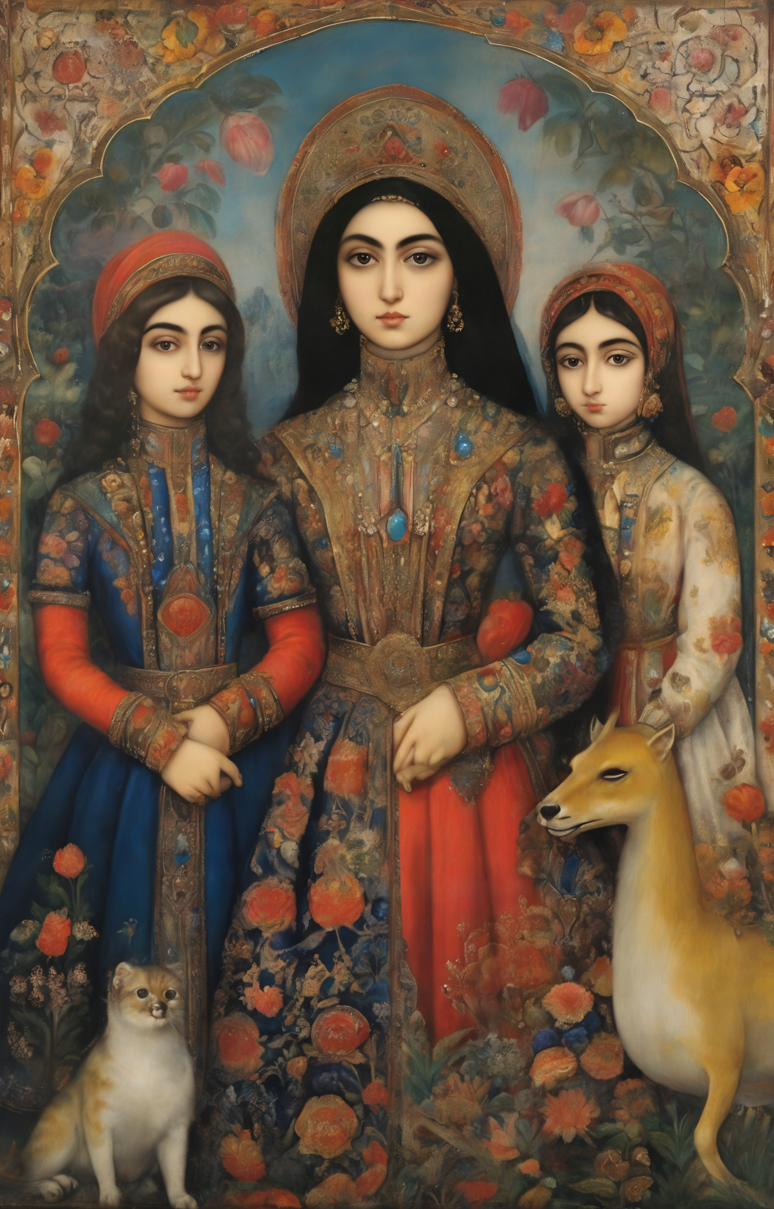 masterpiece,best quality,<lora:tbh292-sdxl:0.9>,illustration,style of Qajar art portrait of family