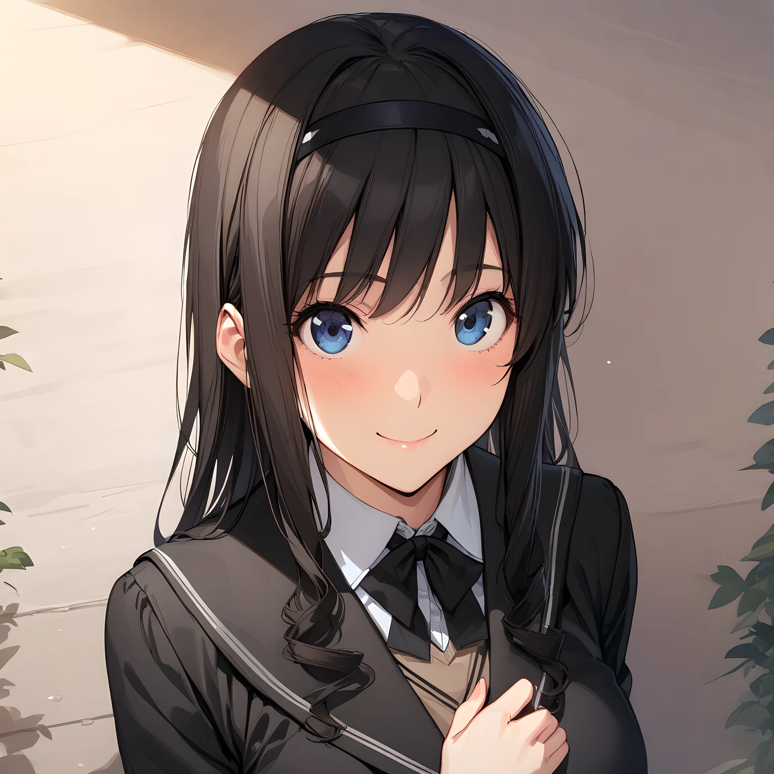 (masterpiece),(best quality),(ultra-detailed),(best illustration),(best shadow),(absurdres),(detailed background),(very aesthetic), haruka_morishima, 1girl, solo, kibito high school uniform, school uniform, hairband, long hair, blue eyes, black hair, long sleeves, smile, black jacket, jacket, <lora:Haruka_Morishima:1>