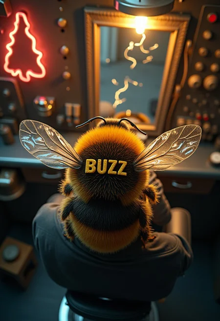 a human-sized bumblebee is getting a haircut from a human barber, the bumblebee is sitting on a chair getting a haircut, ((the bumblebee's head hair is cut so that the word "BUZZ" is visible similar to a stylized design cut into human hair)), POV barber's view from high above looking down at the back of the bumblebee's head, focus on bee's head, barber clippers visible in foreground, in the background is a barbershop: (electric sparks and shocks, lightning bolts, antique electrical equipment, antique knobs and switches, antique circuit boards, antique electrical gear, antique electrical hardware, antique electrical wires and plugs, dark background, ultra high details, neon lighting, electronic machine, antique, retrotech, amazing view, highly detailed, pyrotechnics), realistic, artistic, high depth of field. more lightning bolts, more hardware, more detail, more everything