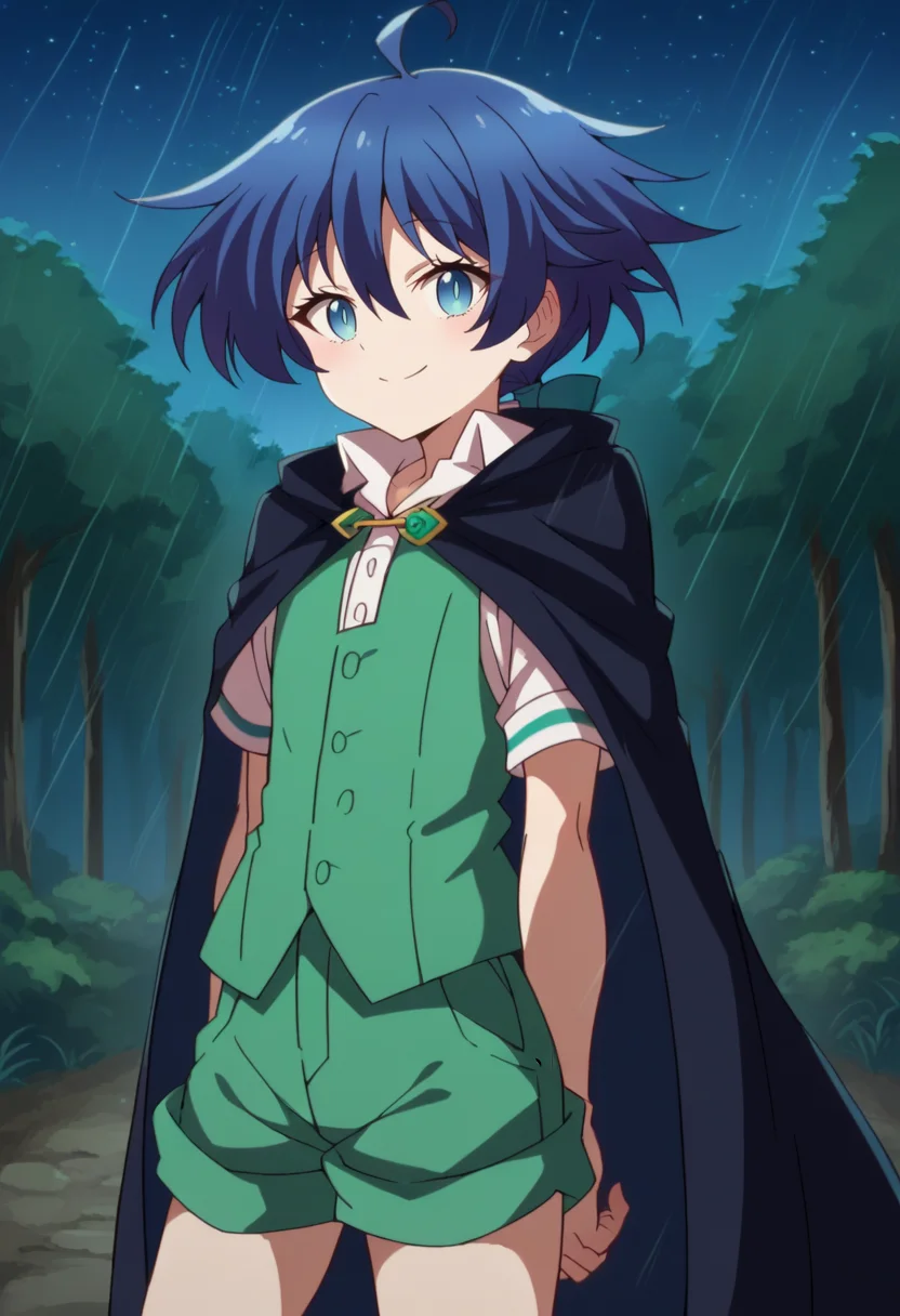 score_9, score_8_up, score_7_up, source_anime BREAK looking at viewer, solo, 1girl, cowboy shot,
<lora:LloydDwnstyPdxl:1>, lloyd_cloak, blue eyes, blue hair, short hair, low ponytail, hair between eyes, hair bow, green shorts, green vest, ahoge, black cape, black jacket, collared shirt,
evil smile,
outdoors, forest, rain, nature, starry sky, moonlight,
<lora:7thPrinzIsekaiDwnstyArtstyle:1>
