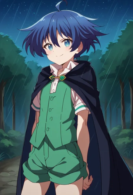 score_9, score_8_up, score_7_up, source_anime BREAK looking at viewer, solo, 1girl, cowboy shot,
<lora:LloydDwnstyPdxl:1>, lloyd_cloak, blue eyes, blue hair, short hair, low ponytail, hair between eyes, hair bow, green shorts, green vest, ahoge, black cape, black jacket, collared shirt,
evil smile,
outdoors, forest, rain, nature, starry sky, moonlight,
<lora:7thPrinzIsekaiDwnstyArtstyle:1>