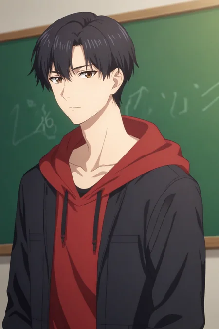 score_9, score_8_up, score_7_up,score_6_up,score_5_up,score_4_up,source_anime,BREAK, rating_safe, intricate details, , anime screencap, anime coloring, official style, depth of field,1boy, solo, male focus,<lora:yexiu:0.83>,Ye Xiu, black hair,brown eyes, short hair,bangs,looking at viewer,long sleeves,closed mouth,black jacket, collarbone, upper body, open clothes, hood, open jacket, hoodie, expressionless, hood down, straight-on, chalkboard, red hoodie , , , <lora:sdxl_lightning_8step_lora_315544:1>