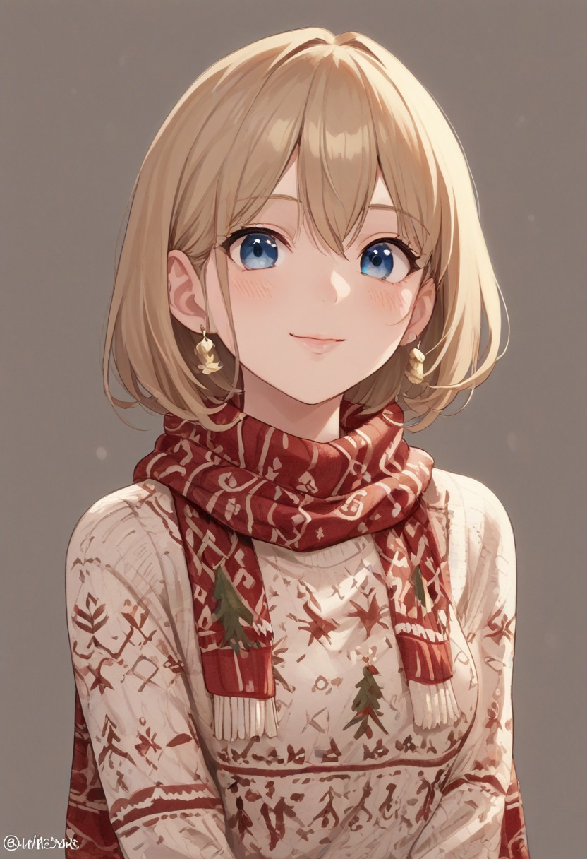 score_9, score_8_up, score_7_up, score_6_up, score_5_up, score_4_up, masterpiece, ultra-detailed, high resolution,
christmas_sweater, 1girl, scarf, christmas, sweater, beautiful smile, closed mouth,closed lips
