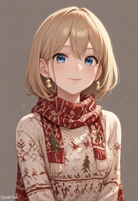 score_9, score_8_up, score_7_up, score_6_up, score_5_up, score_4_up, masterpiece, ultra-detailed, high resolution,
christmas_sweater, 1girl, scarf, christmas, sweater, beautiful smile, closed mouth,closed lips