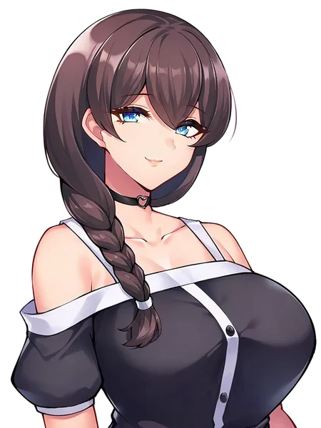 score_9, score_8_up, score_7_up,
1girl, komiyama noe, brown hair, single braid, blue eyes, large breasts,
white background, upper body, smile, closed mouth, looking at viewer,
black t-shirt, off-shoulder shirt, detached sleeves, short sleeves, heart choker,