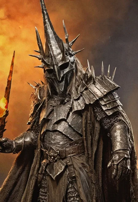 Ellis-RealismBoost, Close Up detailed photograph of the Witch King from The Lord of the Rings, perfect saturation, standing in Mordor, color photography, vintage, eye of sauron background, masterfully top lighted, masterful painting in the style of Anders Zorn | Marco Mazzoni | Yuri Ivanovich, Todd McFarlane, Aleksi Briclot,