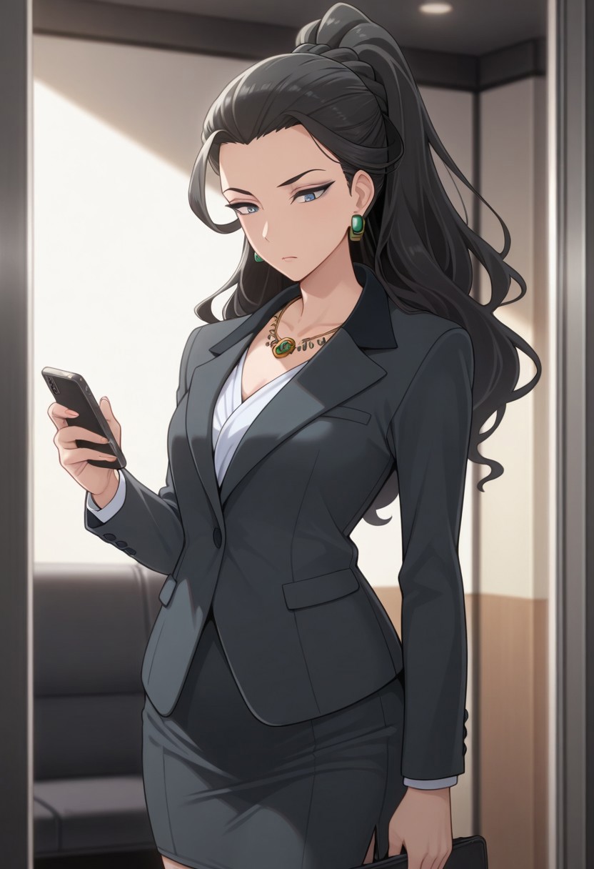 masterpiece,best quality,amazing quality, mishiro joumu, black hair, ponytail, long hair, greenish-blue eyes, 1girl, formal, hair pulled back, suit, jewelry, earrings, phone, necklace, solo, business suit, cellphone, skirt suit, skirt, pencil skirt