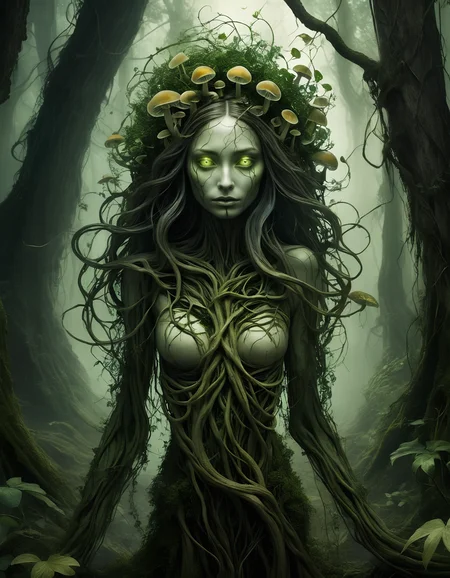 the degradation of human evolution, evil (forest being:0.7), (dryad:0.2), corrupted, leaves, whirling roots and vines forming the rough shape of a (adult woman:0.5), (hair:0.2) made of vines, corrupted grey-green (skin:0.7) made of roots-vines-leaves, poison (orchids:0.4), horror, (root skull:0.4), (amber:0.3), flowing with (forest green:0.3) magic, magical mushrooms, swirling transparent dark green magic, fireflies, root skeleton, (groot:0.2), close-up, (masterpiece:1.2), (epic composition:1.4), (talent:1.2), ultra detailed, highly detailed, insanely detailed, (p, exquisite, sharp, elegant, ambient lighting,, high quality, <lora:add-detail-xl:2> , <lora:takma2:0.8> , glowing evil green eyes, in creepy magical forest,