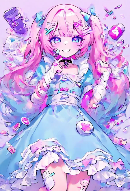 masterpiece, yamikawaii, solo, bandaid, bandages, x hair ornament, 1girl, pills, smile, frills, dress