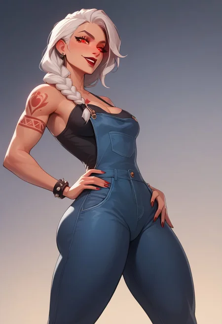score_9, score_8_up, score_7_up,arrogant woman, abigailbriarton, muscular,
white hair, long hair, single braid, makeup, lipstick, tattoo, red eyes, glowing eyes, succubus, oral invitation, solo female, sexy smile, cleavage,
neon_spandex_leggings, neon_spandex_overalls, beautiful curves:4,juicy ass,,looking down viewer,flirting eyes,huge ulge,arrogant pose,big tits,lifted tits:3,heavy tits:4,sexy pose,facing viewer,femdom:10,girl grabbing own hips, thighs and up