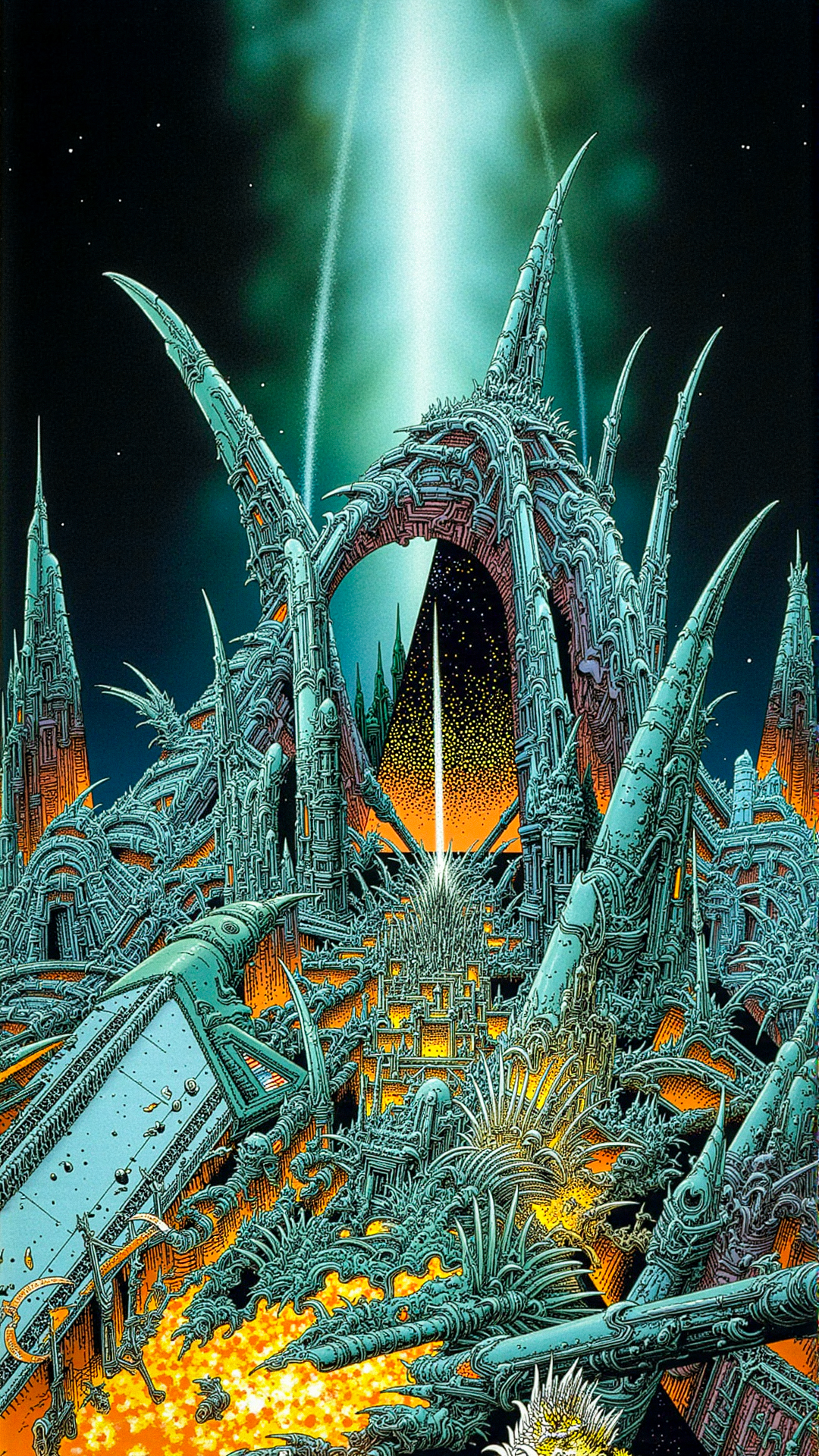 "A futuristic city under siege by a massive, tentacled creature emerging from the depths of the ocean. The city's defenses, a combination of advanced technology and ancient magic, are struggling to hold back the monster. The scene is chaotic, with explosions, flying debris, and beams of light cutting through the dark, stormy sky. The architecture of the city is a blend of Art Deco and alien designs, with towering spires and intricate patterns."  <lora:metal_hurlant_v1:1.75>