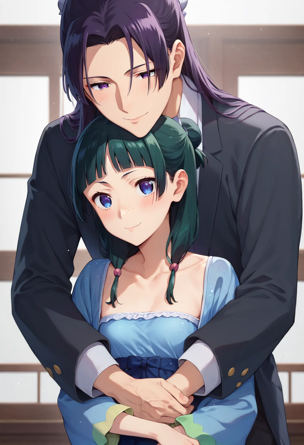 maomao, 1girl, blue eyes, freckles, sidelocks, blunt bangs, low twintails, sparkling dress, blue dress, small breasts,
jinshi, 1boy, bun cover, long hair, purple eyes, parted bangs, black suit, hugging, from behind, smile, blush, BREAK
<lora:maomao_and_jinshi_ponyxl_v4:1>, score_9, score_8_up, score_7_up, score_6_up, anime