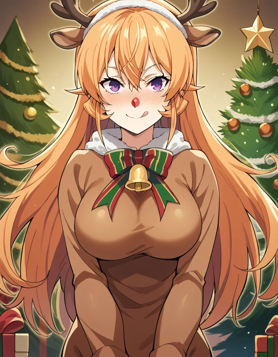 score_9, score_8_up, score_7_up, source_anime, <lora:erina-nakiri-s1-ponyxl-lora-nochekaiser:1>, erina nakiri, long hair, orange hair, purple eyes, hair between eyes, large breasts, <lora:reindeer-costume-ponyxl-lora-nochekaiser:1>, reindeer costume, animal costume, reindeer antlers, antlers, fake antlers, reindeer hood, christmas, red nose, deer ears, deer tail, christmas tree, bell, horns, reindeer,, blush, smile, tongue out, looking at viewer,,