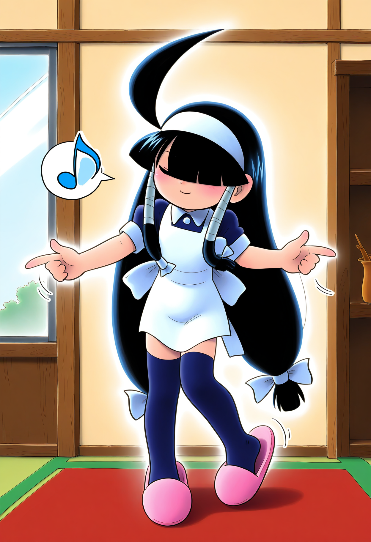 <lora:rukuruku_IL:1>rukuruku, 1girl, solo, long hair, smile, closed mouth, dancing, closed eyes, 
very long black hair, white hair bow, white hairband, blunt bangs, hair over one eye, hair tubes, low-tied long hair, 
black dress, ahoge, black thighhighs, white apron, zettai ryouiki, black thighhighs, slippers, spoken musical note, motion lines, 
BREAK indoors, bedroom,