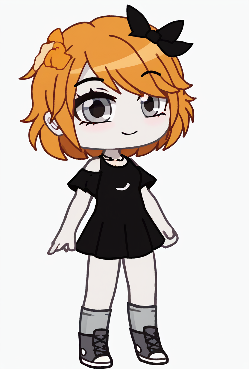 score_9, score_8_up, score_7_up, score_6_up, score_5_up, simple,  looking at viewer, smiling, simple, <lora:derpina-10:1> derpina, 1girl, short hair, hair bow, medium hair, orange hair, black dress,, white skin,,  <lora:wyatt:1> wyatt <lora:Gacha_star:1> gacha, chibi, full body,