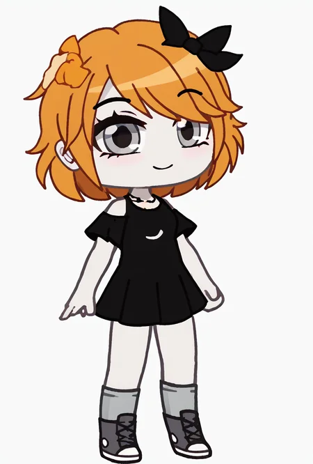 score_9, score_8_up, score_7_up, score_6_up, score_5_up, simple,  looking at viewer, smiling, simple, <lora:derpina-10:1> derpina, 1girl, short hair, hair bow, medium hair, orange hair, black dress,, white skin,,  <lora:wyatt:1> wyatt <lora:Gacha_star:1> gacha, chibi, full body,
