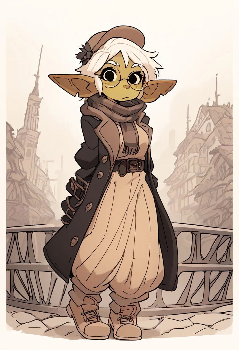 score_9, score_8_up, score_7_up, score_6_up, source_furry, source_anime, (short, diminutive, smol, short stack), (goblin, hyper ears, notched ear, long horizontal elf ears, freckles, green skin, snaggle tooth, female, small breasts), (hat, round glasses, scarf, coat, victorian, tan clothing, dress pants, dress shoes), cute, adorable, slim, thin, bottom heavy, (hair, fluffy hair, short hair, white hair), (aggressive, grinning, dominant), solo, dynamic pose, looking at viewer, outdoors, victorian city, gothic architecture