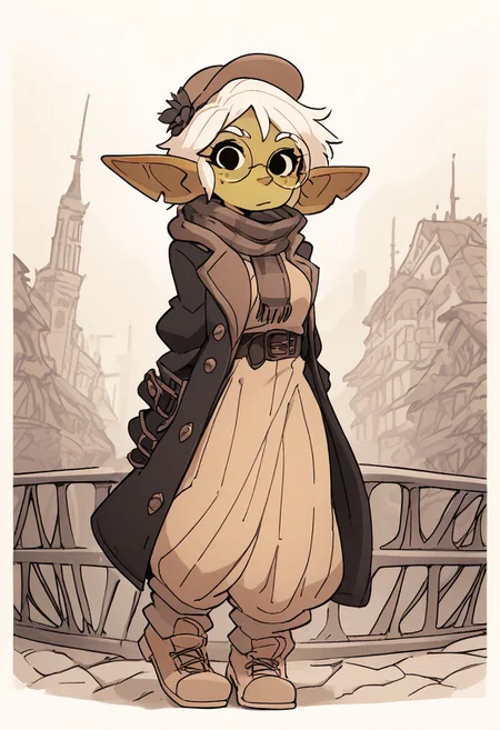 score_9, score_8_up, score_7_up, score_6_up, source_furry, source_anime, (short, diminutive, smol, short stack), (goblin, hyper ears, notched ear, long horizontal elf ears, freckles, green skin, snaggle tooth, female, small breasts), (hat, round glasses, scarf, coat, victorian, tan clothing, dress pants, dress shoes), cute, adorable, slim, thin, bottom heavy, (hair, fluffy hair, short hair, white hair), (aggressive, grinning, dominant), solo, dynamic pose, looking at viewer, outdoors, victorian city, gothic architecture