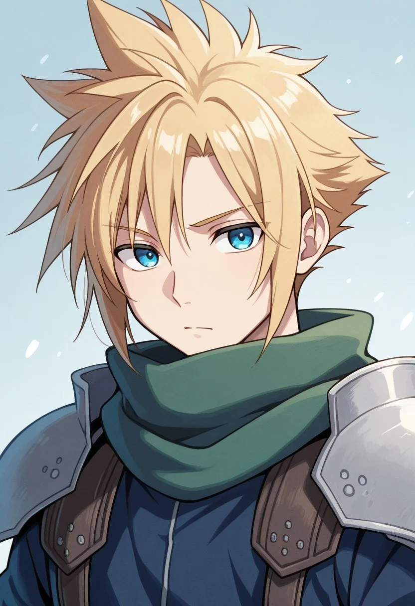 masterpiece,best quality,amazing quality, source_anime,
SoutouKumo, 1boy, male focus, solo, blue eyes, blonde hair, spiked hair, white shoulder armor, scarf, green scarf, blue shirt,