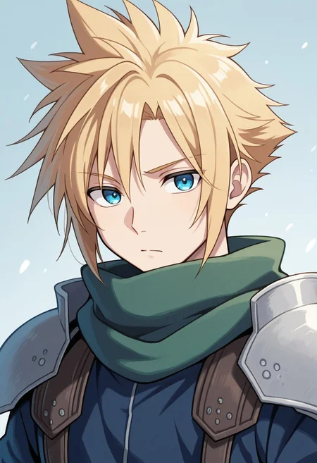 masterpiece,best quality,amazing quality, source_anime,
SoutouKumo, 1boy, male focus, solo, blue eyes, blonde hair, spiked hair, white shoulder armor, scarf, green scarf, blue shirt,