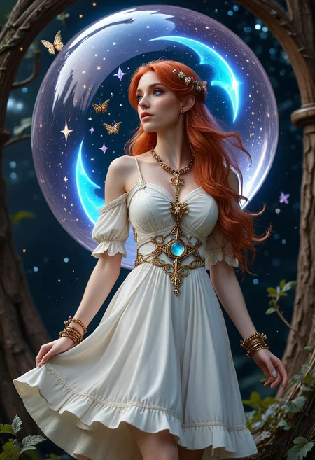 safe_pos, realistic, pocket watch, bubble, planet, red hair, very long hair, elf, white dress, night sky, celestial, navel, blue eyes, profile, blonde hair, orb, butterfly, medium breasts, dress, alien, symbols, cross, whimsical, bracelet, barefoot, intricate details, 8k, witchcraft, magical symbols, flower ornate, magic, wicca, gems and crystals, elaborate