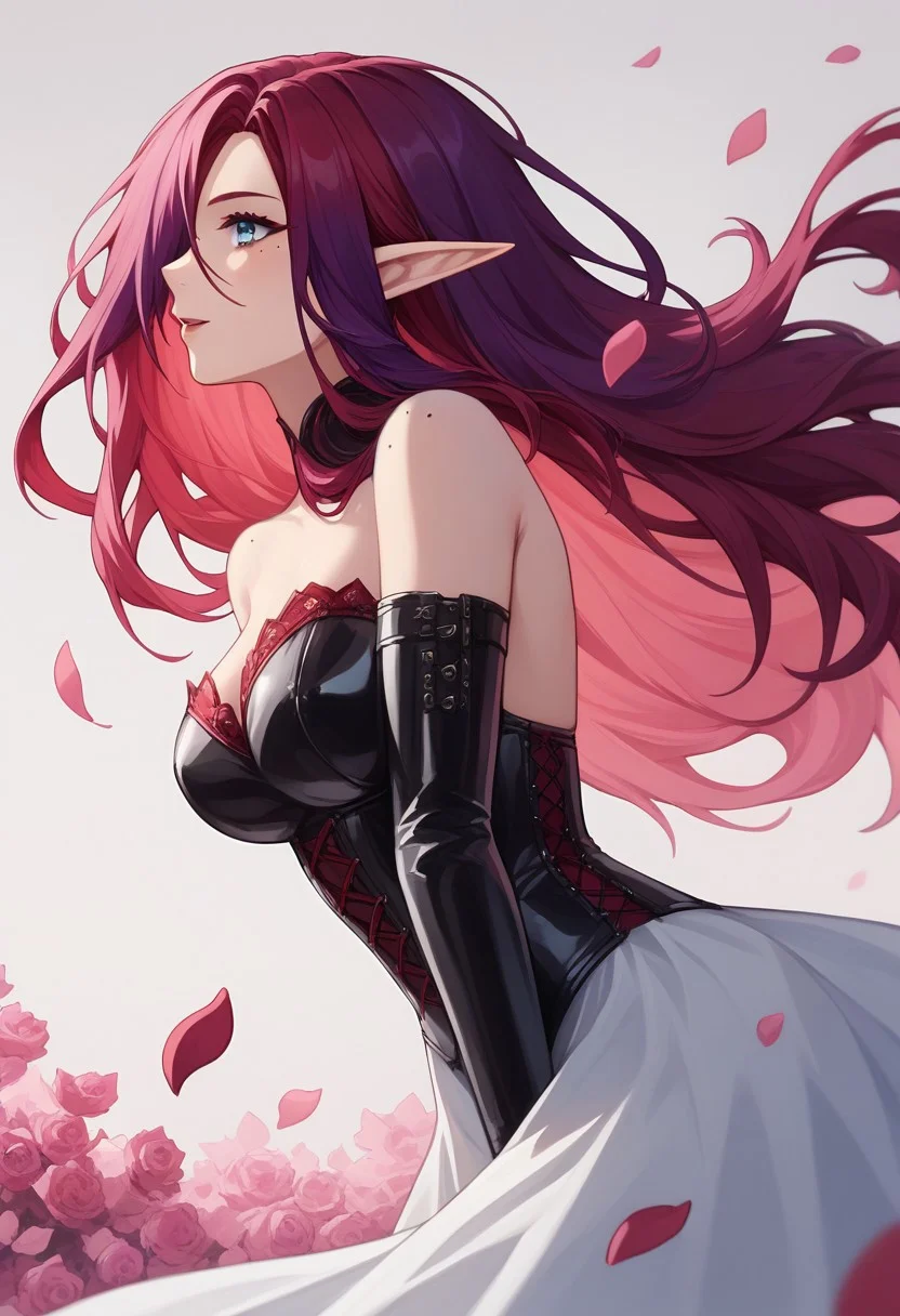 (score_9, score_8_up, score_7_up), 1 woman, milf,  chasca, red hair, purple hair, multicolored hair, rose in the hair, hair over one eye, blue eye, small elf ears,red evening dress with a neckline, red lace corset (leather/latex) , white leather/latex gloves, mole on shoulder, pink sakura background, Pink petals are falling from the tree, <lora:chasca-giPO-v1b-000007:0.9>