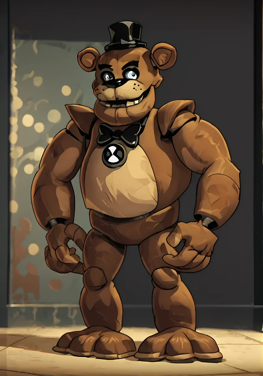 score_9, score_8_up, score_7_up, screencap,   <lora:ben10-06:1> ben10, solo, no humans, full body, bodysuit, badge,detailed background, <lora:freddy_epoch_20:1> freddy, black bowtie, black hat, brown skin, hat, animal ears