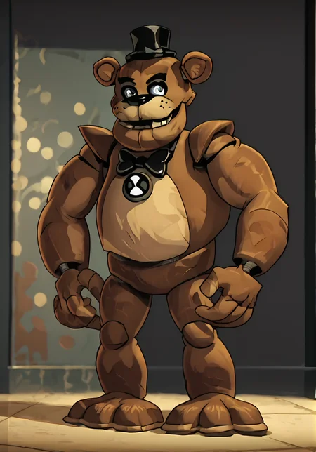 score_9, score_8_up, score_7_up, screencap, <lora:ben10-06:1> ben10, solo, no humans, full body, bodysuit, badge,detailed background, <lora:freddy_epoch_20:1> freddy, black bowtie, black hat, brown skin, hat, animal ears