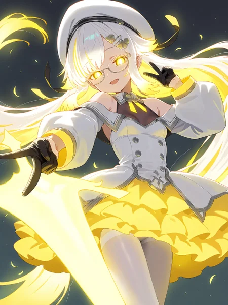 <lora:nai_ILL:0.8>,
<lora:Glowing_Spot_Color_-_Illustrious:0.6>, glowing eyes, streaked hair, glowing inner hair, glowing streaks,
fairy_knight_lancelot_(fate),1girl,solo,long_hair,breasts,looking_at_viewer,smile,open_mouth,bangs,hair_ornament,gloves,long_sleeves,hat,dress,bare_shoulders,twintails,very_long_hair,yellow_eyes,white_hair,pantyhose,small_breasts,glasses,black_gloves,hairclip,off_shoulder,white_dress,v,beret,white_headwear,white_pantyhose,half_gloves
