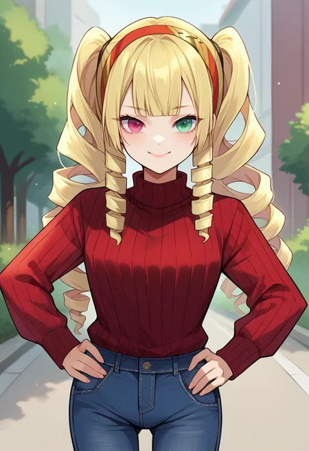 score_9, score_8_up, source_anime, 1girl, solo, KoamiSumire, heterochromia, blonde hair, long hair, twintails, drill hair, red hairband, outdoors, sweater, ribbed sweater, jeans, hands on hips, smile, <lora:ChamKoamiSumirePonyXL:1>