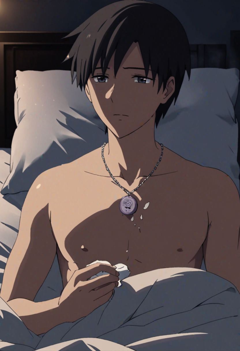 Highres, Masterpiece, High Quality, 4K, 8K, solo, 1Boy, Takaki Toono, adult, black hair, short hair, bedroom, dimly lit, pillow, blanket, necklace, upper body quarter, sexual stimulation, tissue, lotion, sex toys, climax, masturbation, easynegative, detailed_eye_model