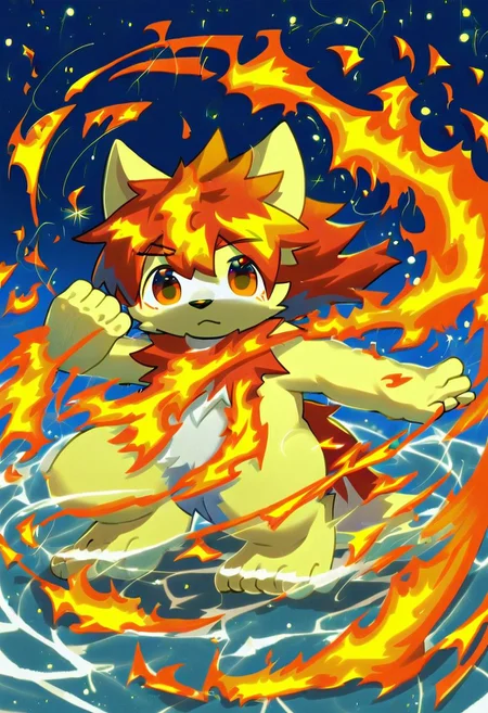 furry, anthro, cute, kemono, male focus, solo, dog, score_9, score_8_up, male, full body, digital art, highly detailed, zPDXL2, ElementsMix, fire, water, wind, earth