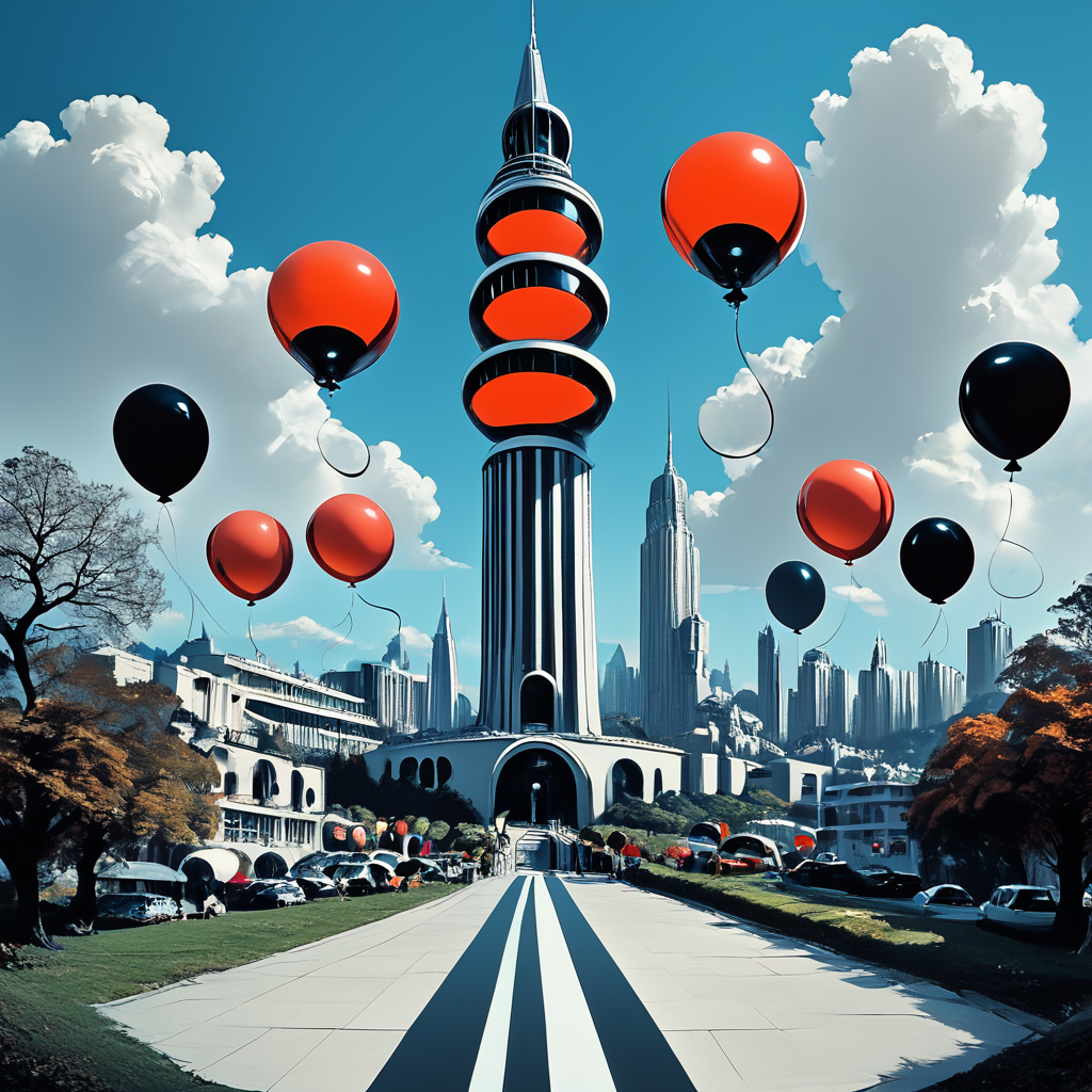 Score_9, score_8_up, score_7_up, score_6_up, BREAK  <lora:Abstract_Retro_Future_MoviePony:1> ArsMovieStill, Movie still from an abstract retro future movie, The image is a digital illustration of a tall tower with a unique design. The tower is made up of multiple levels with the top level being the tallest and the bottom level being smaller. The top level has a red and white striped pattern and there are several circular objects floating around it. The objects appear to be spheres or spheres of different sizes and shapes. The background is a dark blue sky with white clouds and the tower is surrounded by trees and buildings. The overall mood of the image is surreal and dreamlike., sky, cloud, tree, outdoors, no humans, blue sky, scenery, day, traffic light, balloon