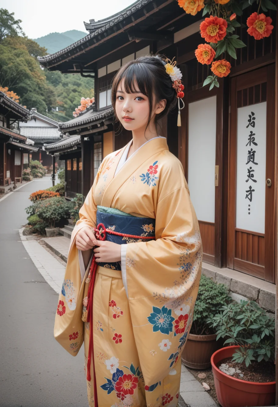 score_9,score_8_up,score_7_up,8k,1girl,solo,,ruanyi0712,floral print,yellow kimono,obijime,wide sleeves,,ruanyi0710,outdoors,<lora:0712 kimono_v1_pony:0.6>,<lora:0710 Nakasen Road_v1_pony:1>