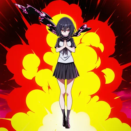 1girl,solo,full body,<lora:IL_aisatsu_meme:1>,nin_sly,aisatsu,own hands together,explosions,
focused,serious,
<lora:Unfazed - Illustrious character enhancer:0.5>,elbows up,silhouette,<lora:IL_Yamoto_Koki:1>,nin_sly_k,yamoto koki /(ikusa/),
pink eyes,short hair,black hair,serafuku,scarf,, masterpiece,best quality,amazing quality,very aesthetic,absurdres,