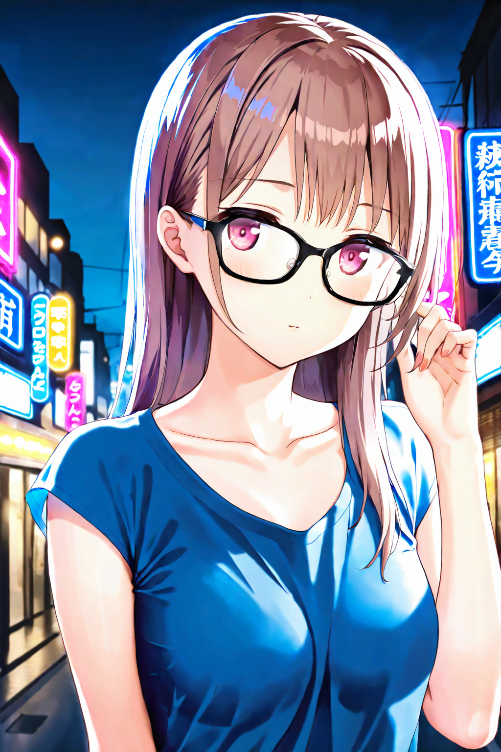 1girl, upper body, long hair, brown hair, pink eyes, glasses, black-framed eyewear, blue shirt, t-shirt, cap sleeves, collarbone, outdoors, city, street, neon lights, night, night sky <lora:CapSleeves_A4_Opt_v4:1>