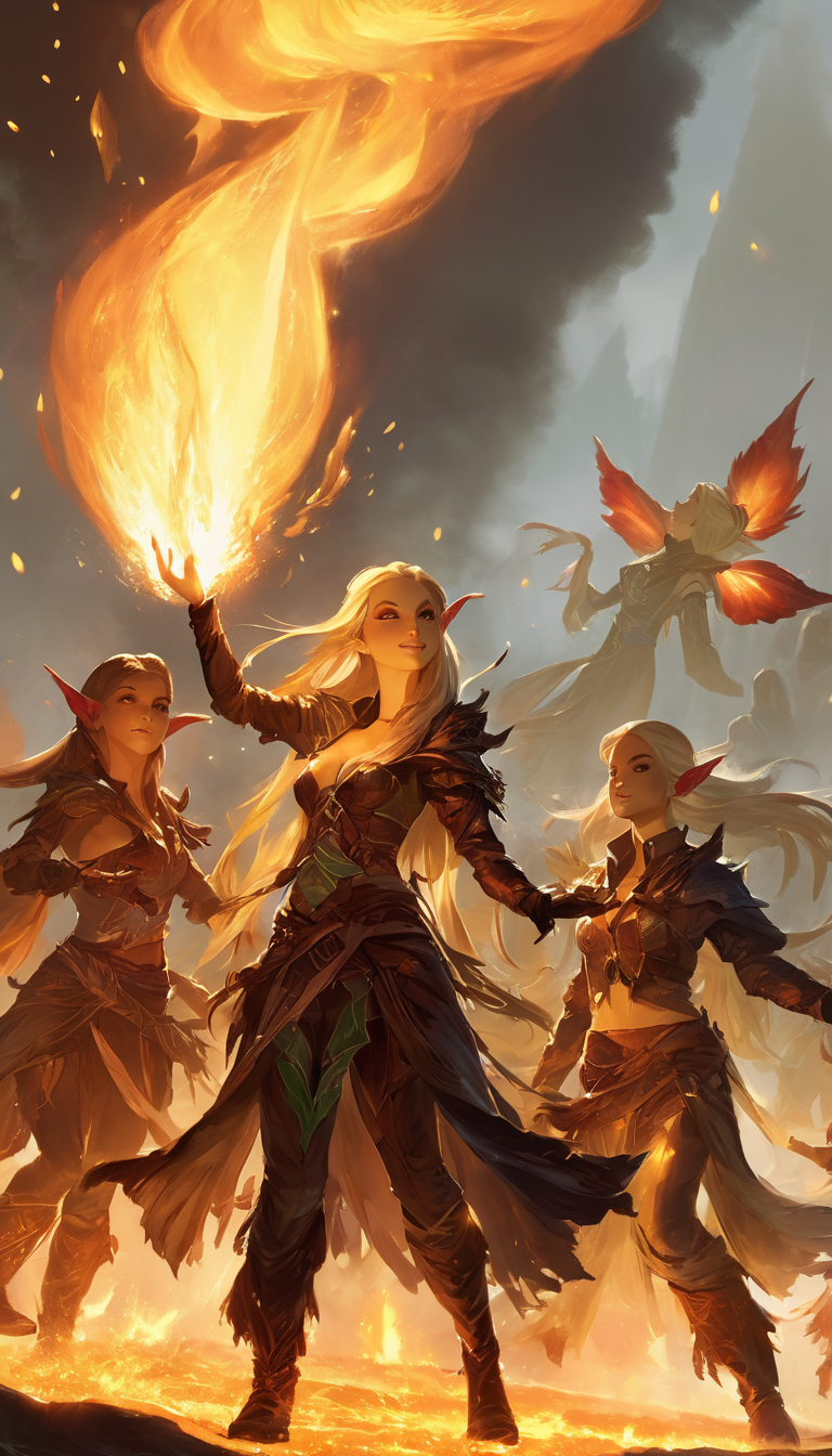 Cinematic scene, a group of elves dancing around a bonfire, with their long hair flowing in the wind, masterpiece, best quality, high quality, absurdres, vivid, guild wars 2 <lora:guild_wars_xl_v3:1>