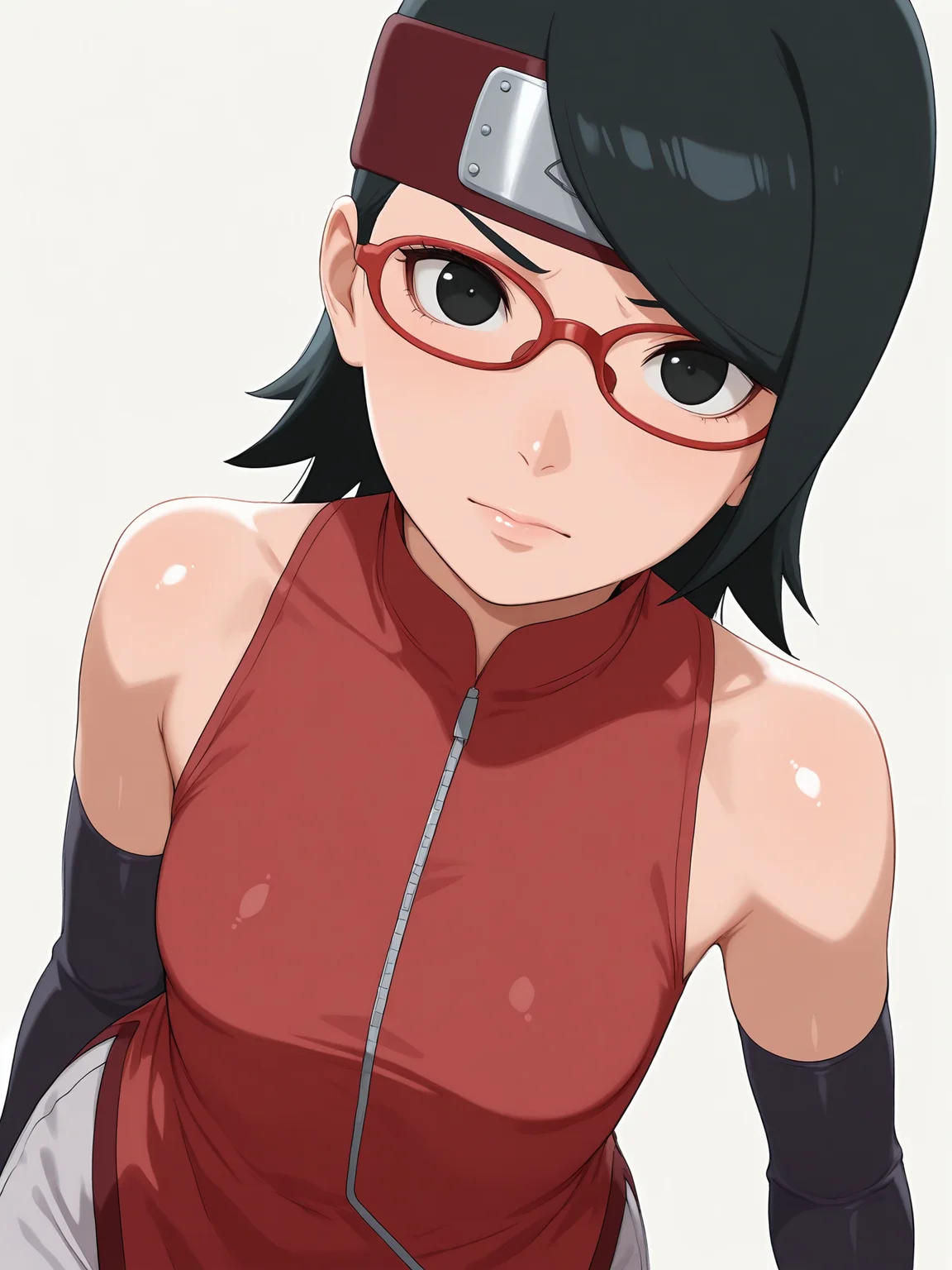 score_9, score_8_up, score_7_up, source_anime, hires image, masterpiece, best quality, BREAK, shiny skin, newest, masterpiece, best quality, 4k,
<lora:SaradaNoobXL_byKonan:0.8> 1girl, sarada, black eyes, black hair, short hair, glasses , cowboy shot, headband, red sleeveless dress, face focus, upper body, looking at viewer,
(white background ), simple background,
<lora:hentai_studio_quality:0.4>
