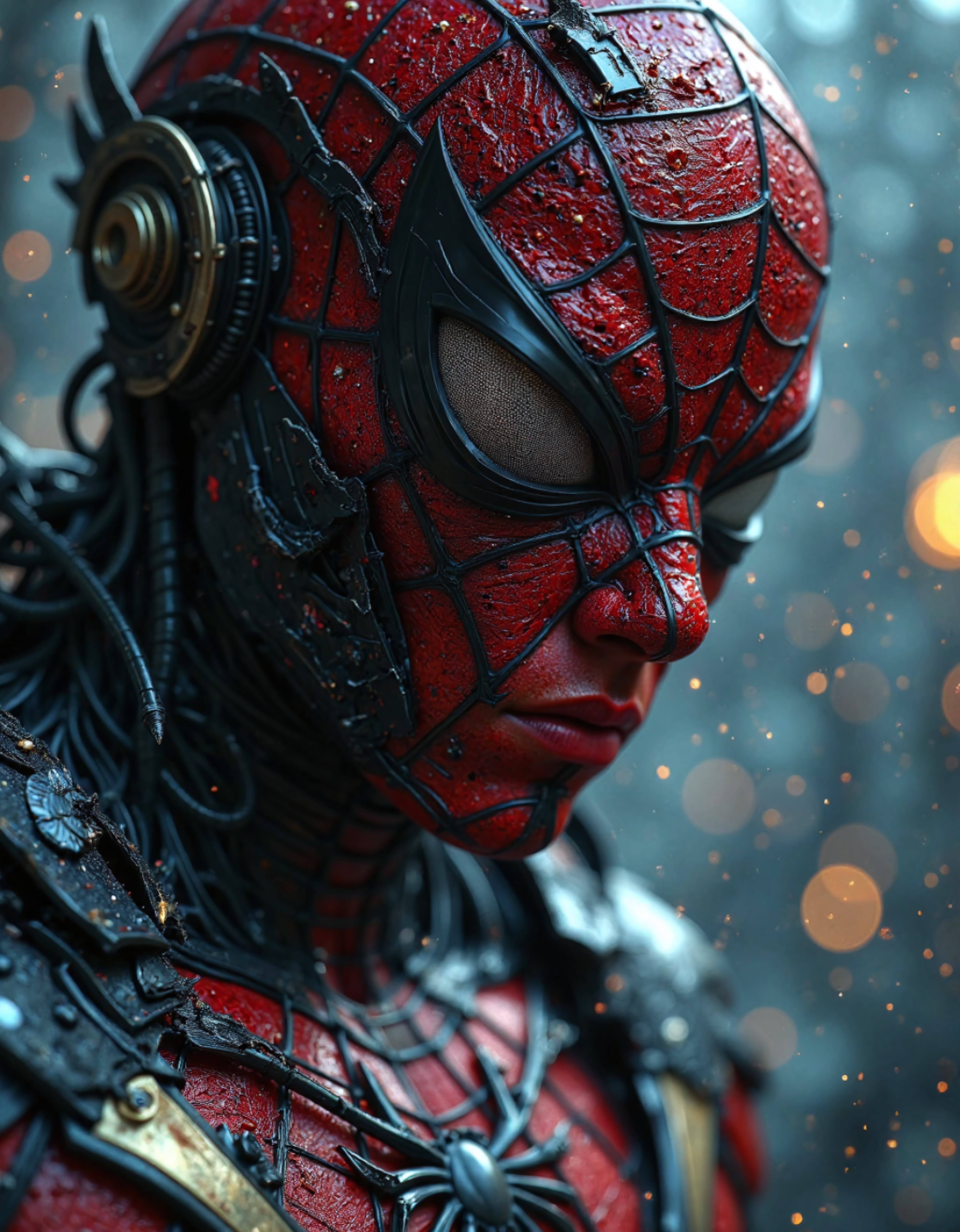 sci-fi style (dark mood masterpiece Photography:1.2), a portrait of Spiderman, modern, fuzzy lighting, dark mood, (rule of thirds composition), mysteriouse, emotional, highly detailed, melancholic, refraction, low-light hyper detailed photography, partially damaged armor, no visible facial features, no lips, eye-level shot,close-up,style by mike mignola,light and shadow plays,silhouette lighting . futuristic, technological, alien worlds, space themes, advanced civilizations